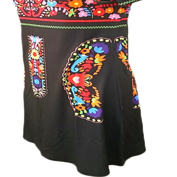 MODAL & POLYESTER SIZE M COLD SHOULDER EMBOSSED BRIGHT PRINT ON BLACK MINI DRESS - Picture 4 of 4